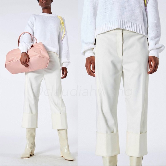 Tibi Pants - TIBI Anson Cuffed Nerd Wide Leg Pants in Ivory White